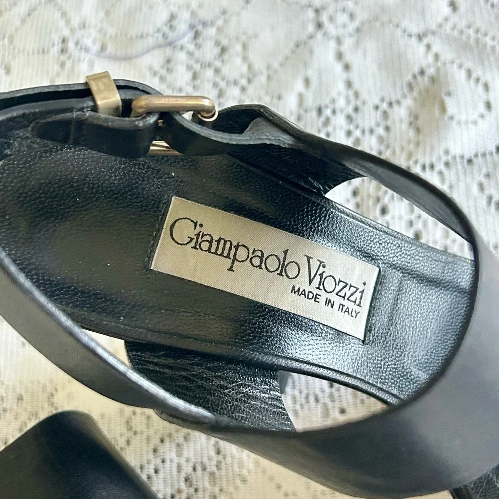 Giampaolo Viozzi Black Leather Platform Block Heel Sandals Vero Cuoio Sz 37 US 7